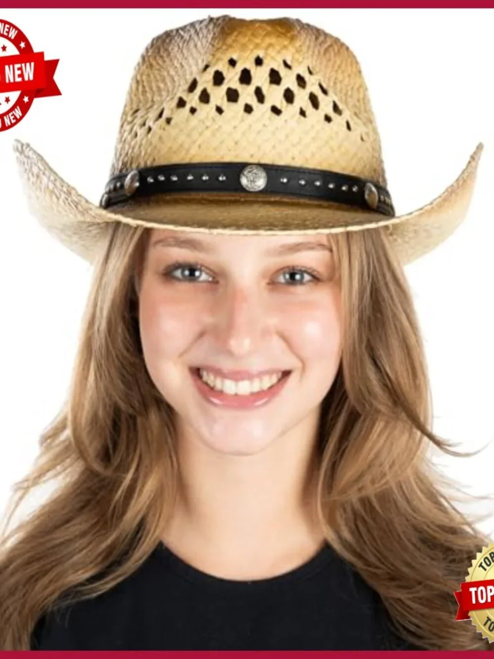 Straw Cowgirl Hat with Embroidered Trim and Buckles Adjustable Sun Hat